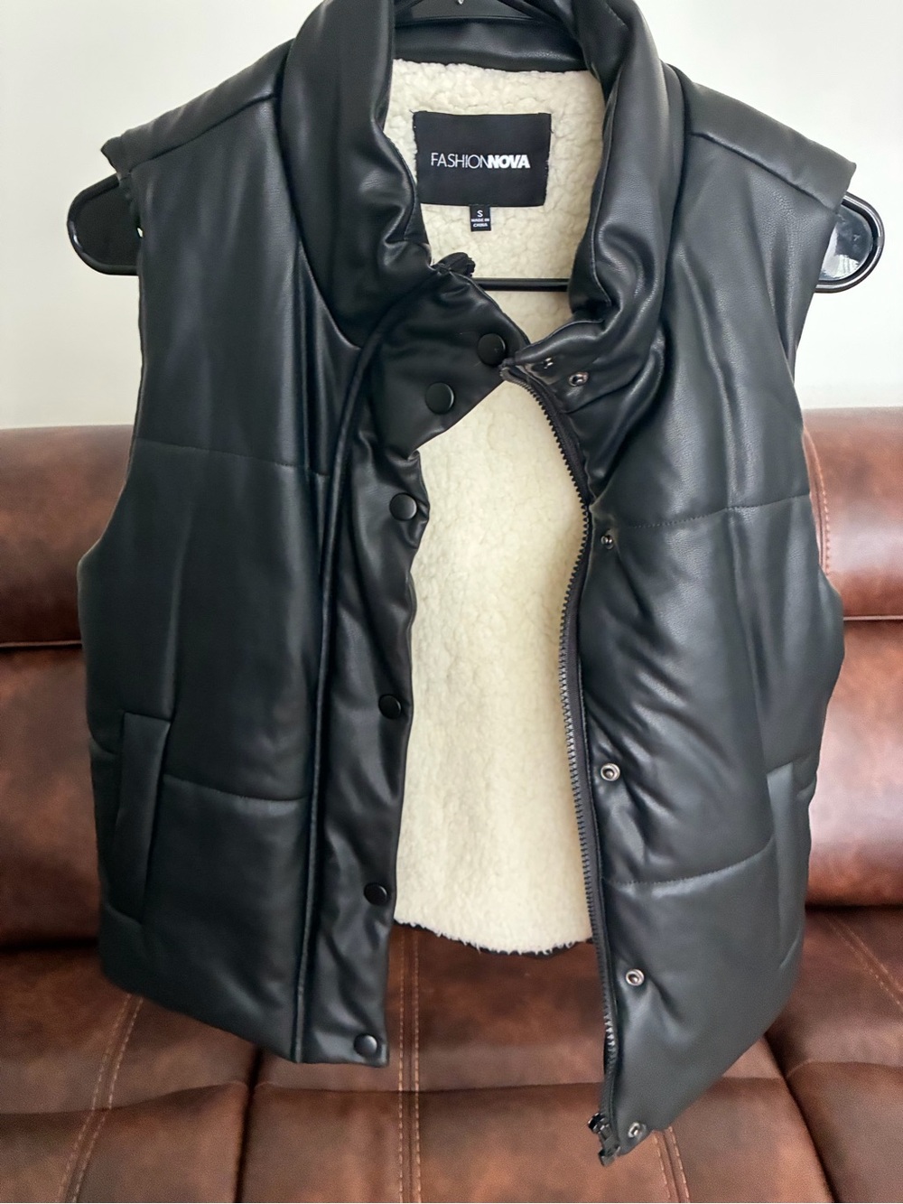 Fashion Nova Black Faux Leather Sherpa-Lined Puffer Vest